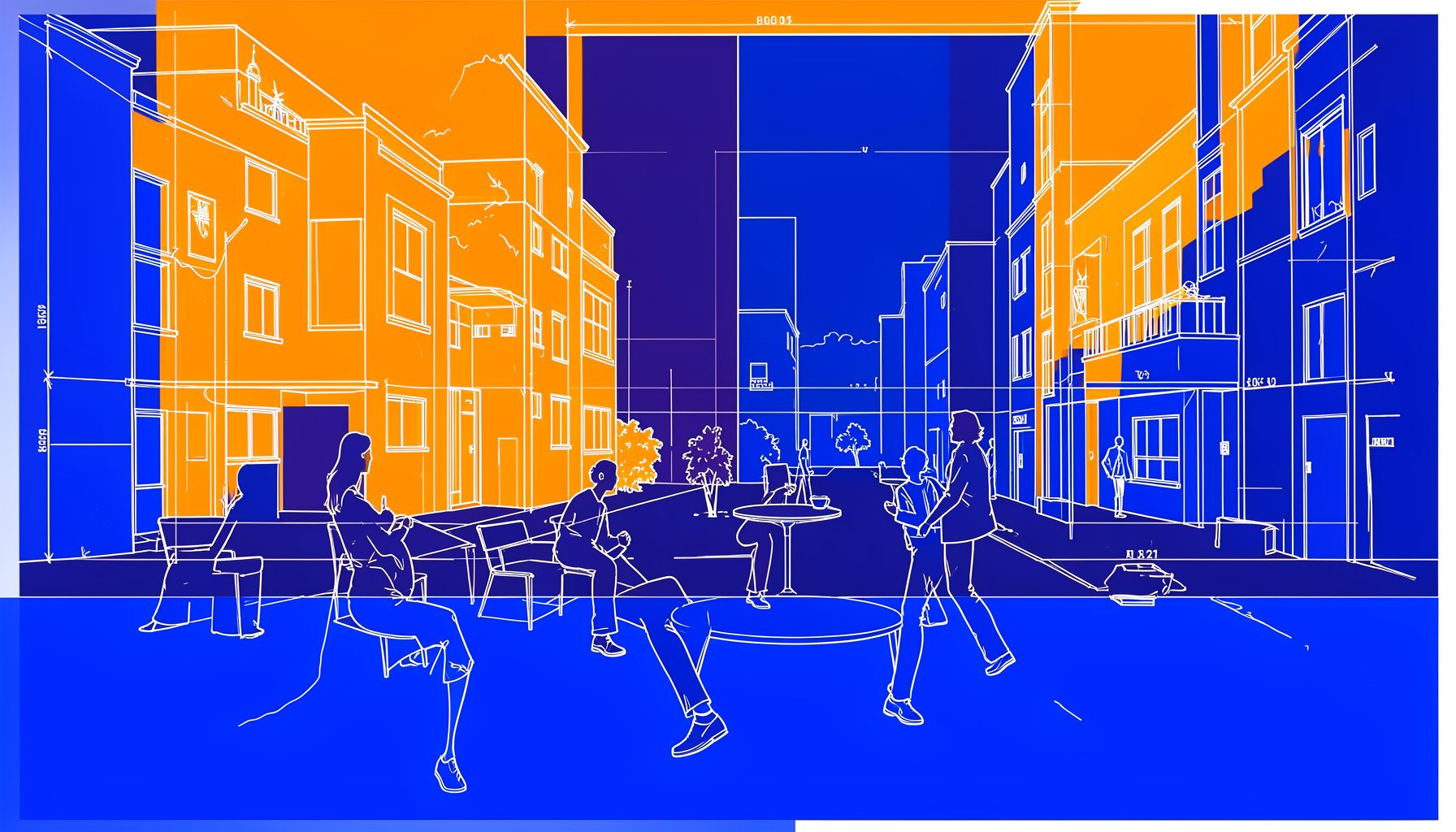 Rencontre urbaine aux couleurs vives et chaleureuses, ambiance décontractée et souriante, tons orangés et bleus