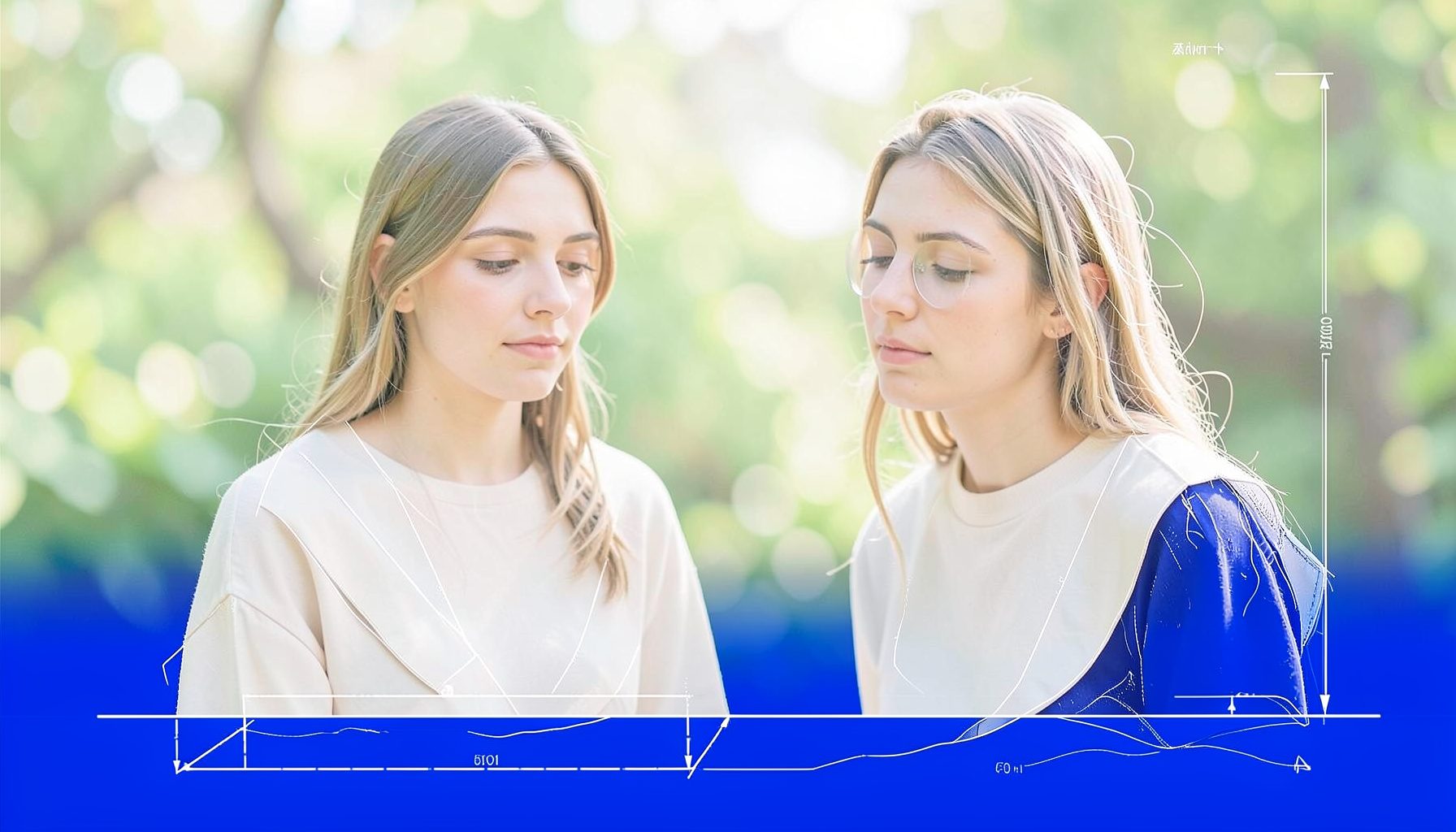 Deux jeunes femmes dans une lumière naturelle douce, tons pastel et verts, ambiance sincère et contemplative