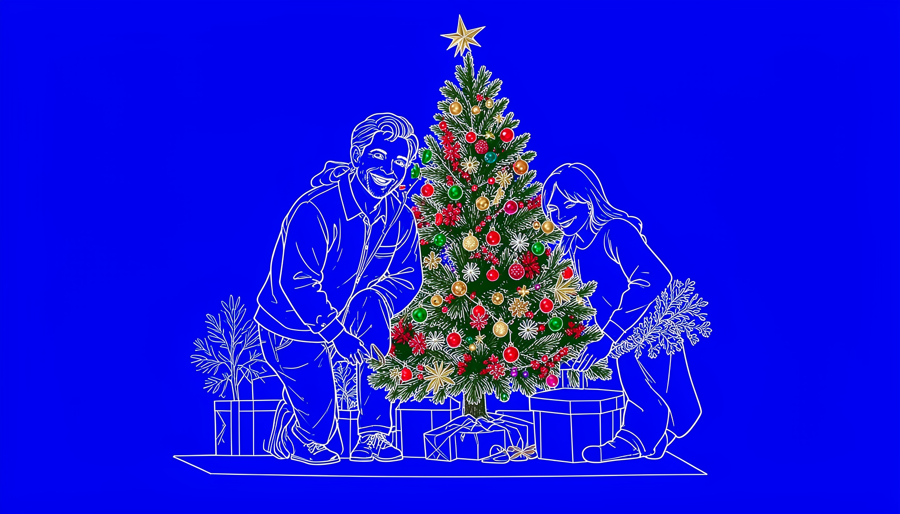Couple souriant devant un sapin décoré, ambiance chaleureuse aux tons rouges, verts et dorés.