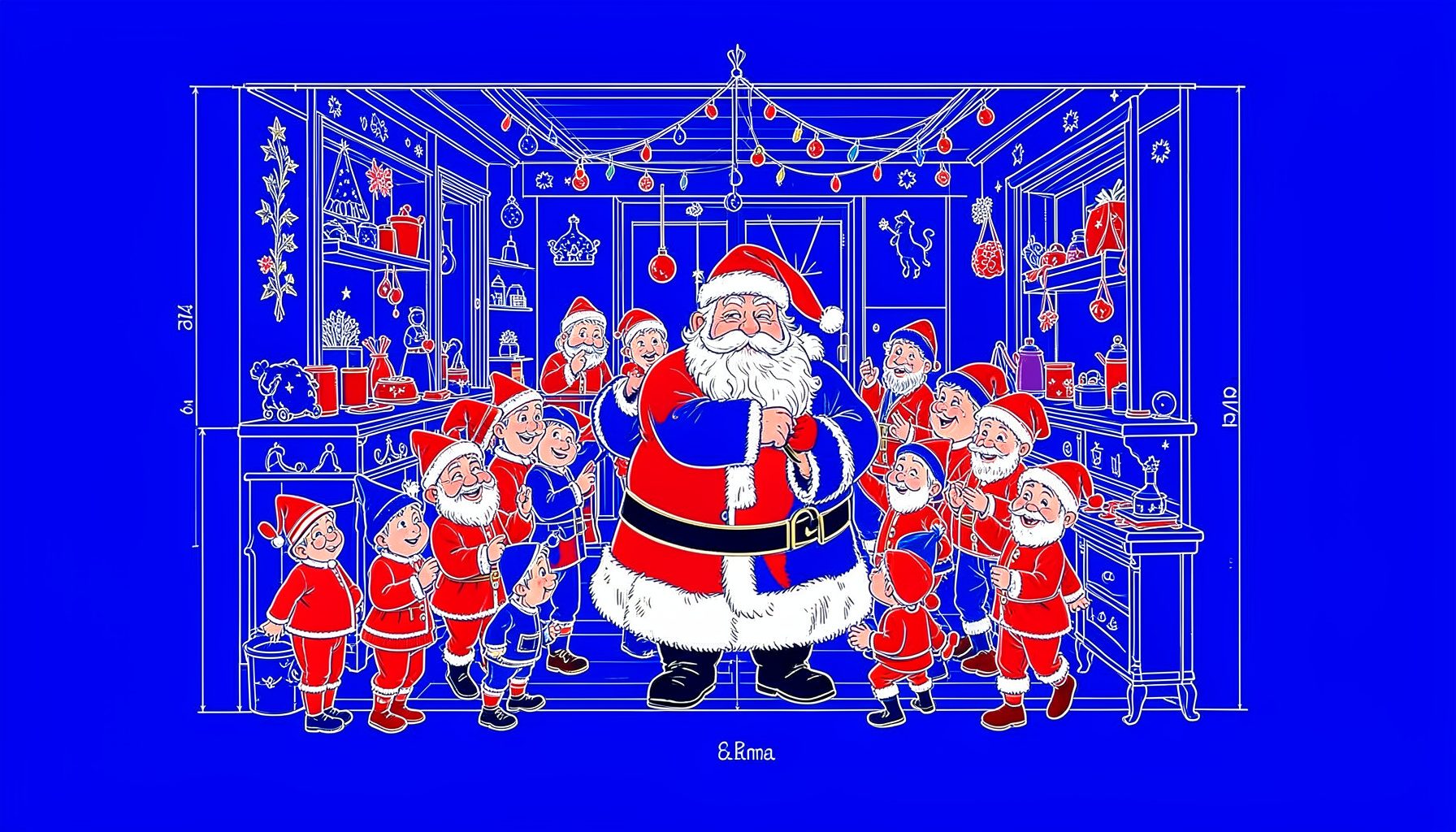 Scène festive avec le Père Noël entouré de lutins dans un atelier coloré aux dominantes rouges et dorées.