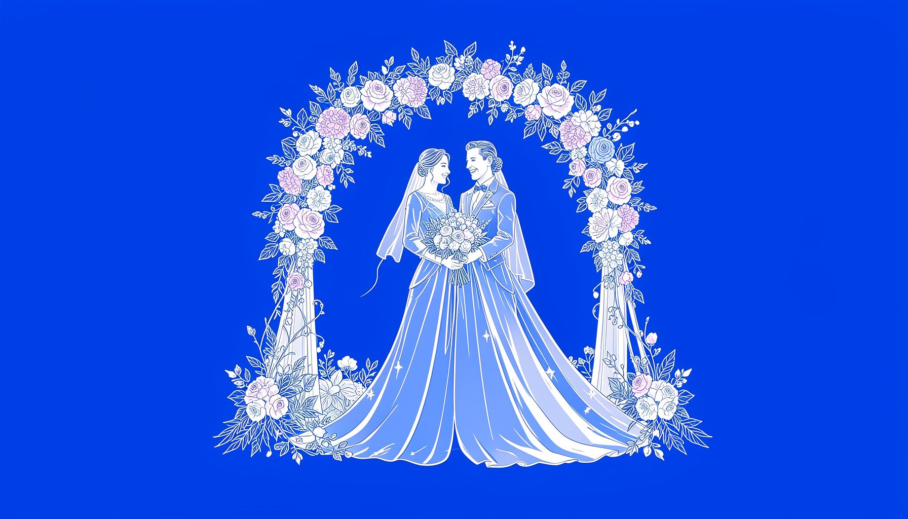 Cérémonie de mariage baignée de blanc et de fleurs, tons pastel doux, atmosphère élégante et joyeuse
