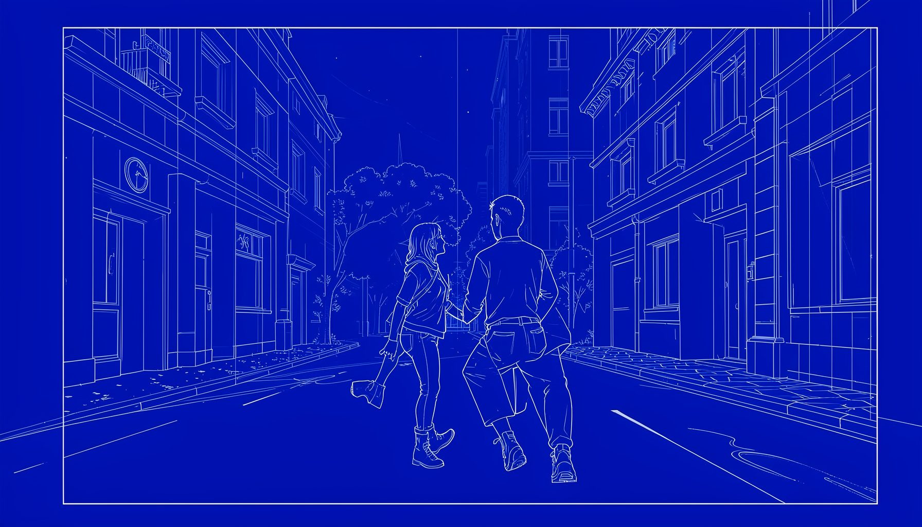Scène nocturne aux reflets bleutés, couple sous un éclairage urbain tamisé, ambiance mélancolique et musicale