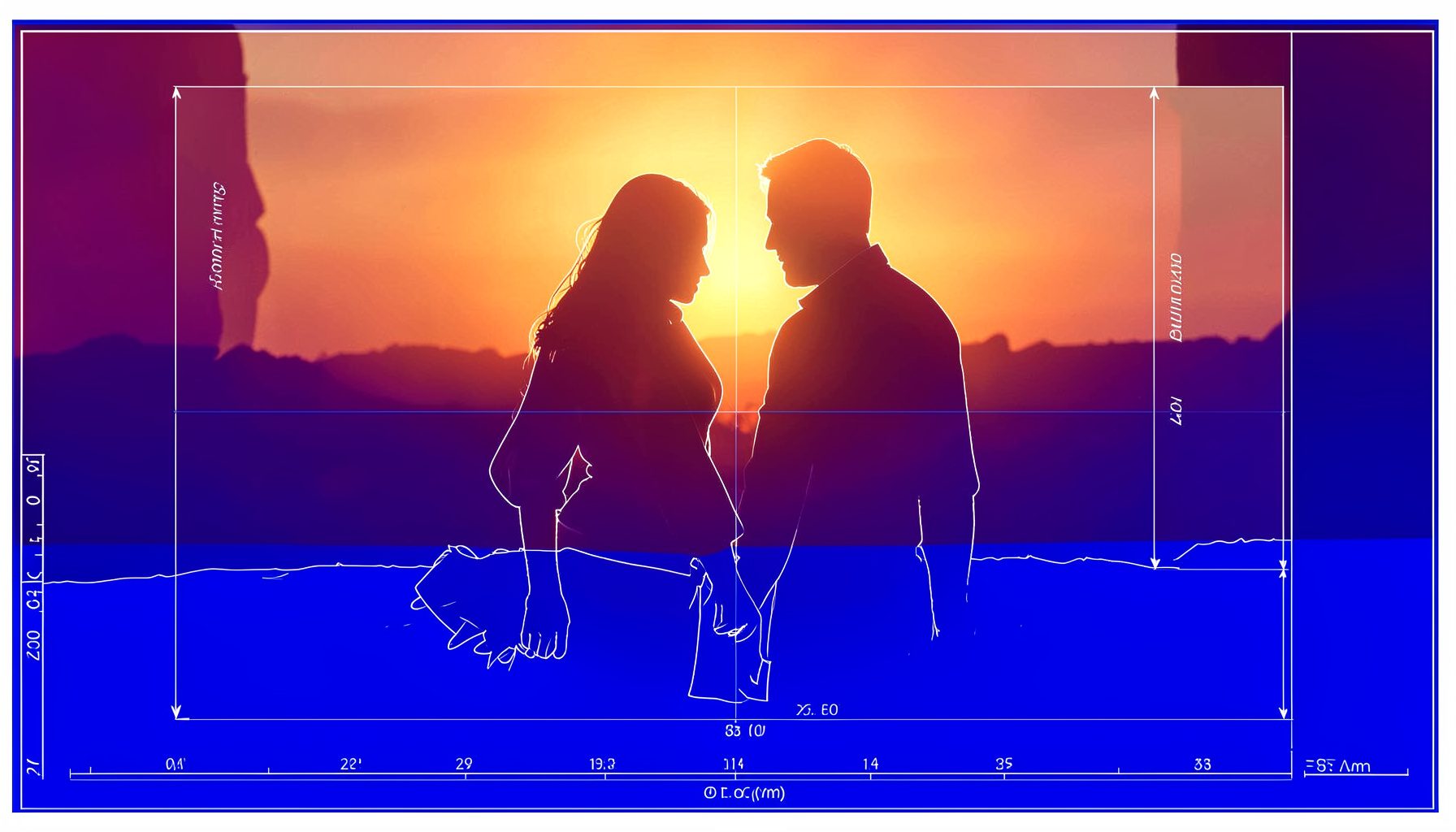 Scène aux tons chauds et dorés, deux silhouettes proches dans une lumière de fin de journée, ambiance intime et romantique