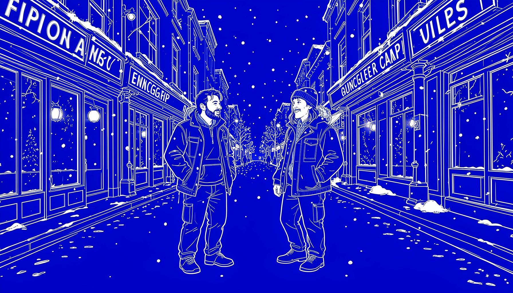 Deux amis dans une rue enneigée la nuit, enseignes lumineuses, ambiance comique aux tons urbains et festifs.