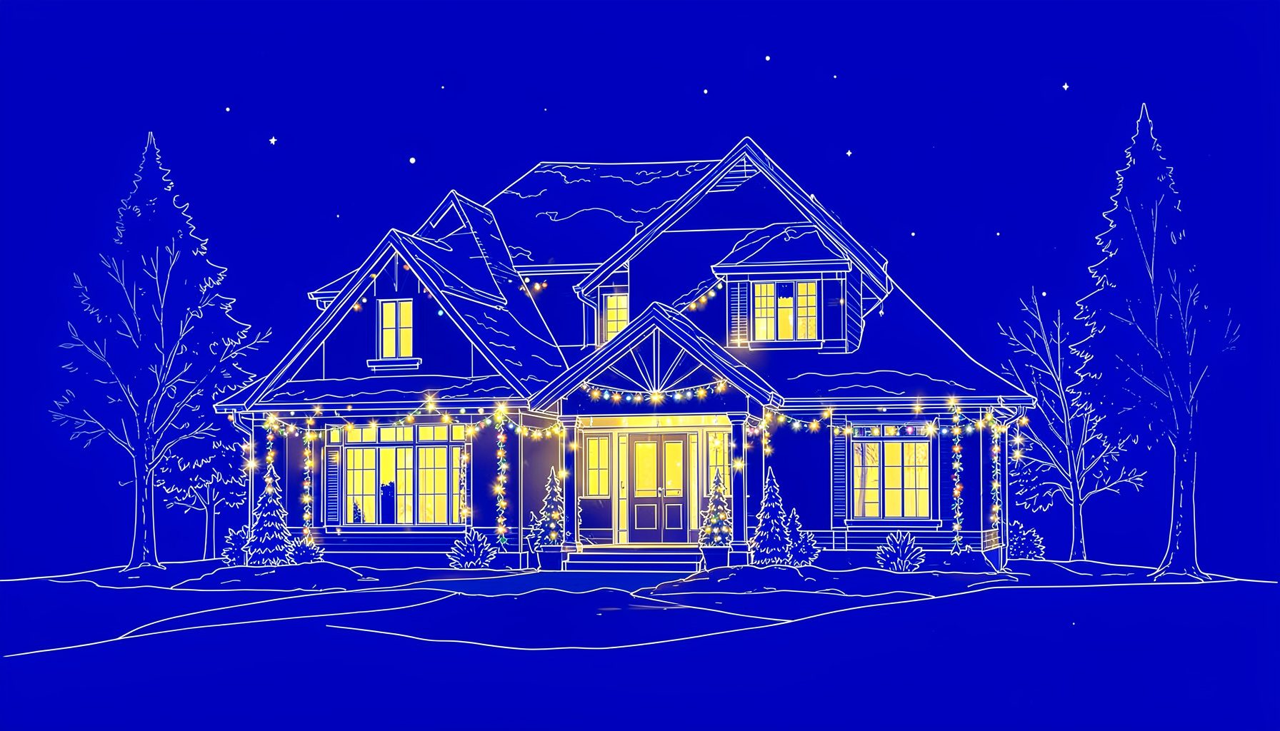 Maison illuminée la nuit sous la neige, guirlandes scintillantes, ambiance hivernale aux tons bleu nuit et jaune chaud.
