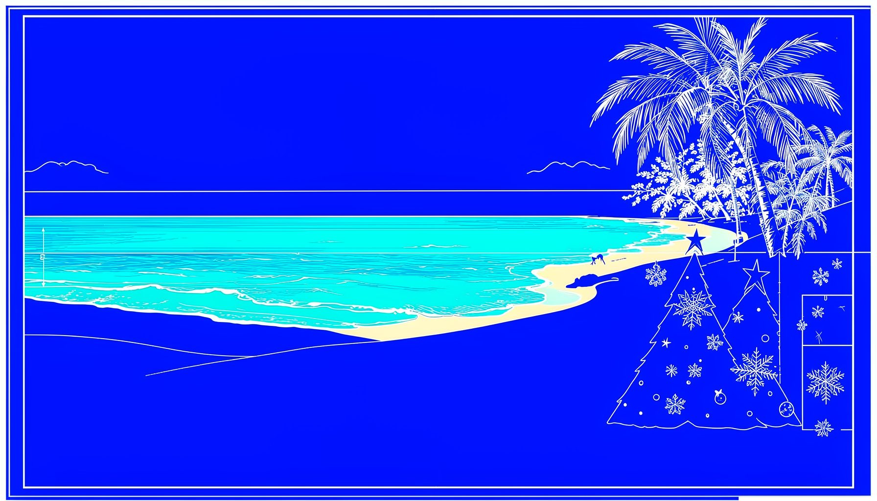 Plage paradisiaque sous le soleil, contraste entre décor tropical et décorations de Noël, tons turquoise et sable.