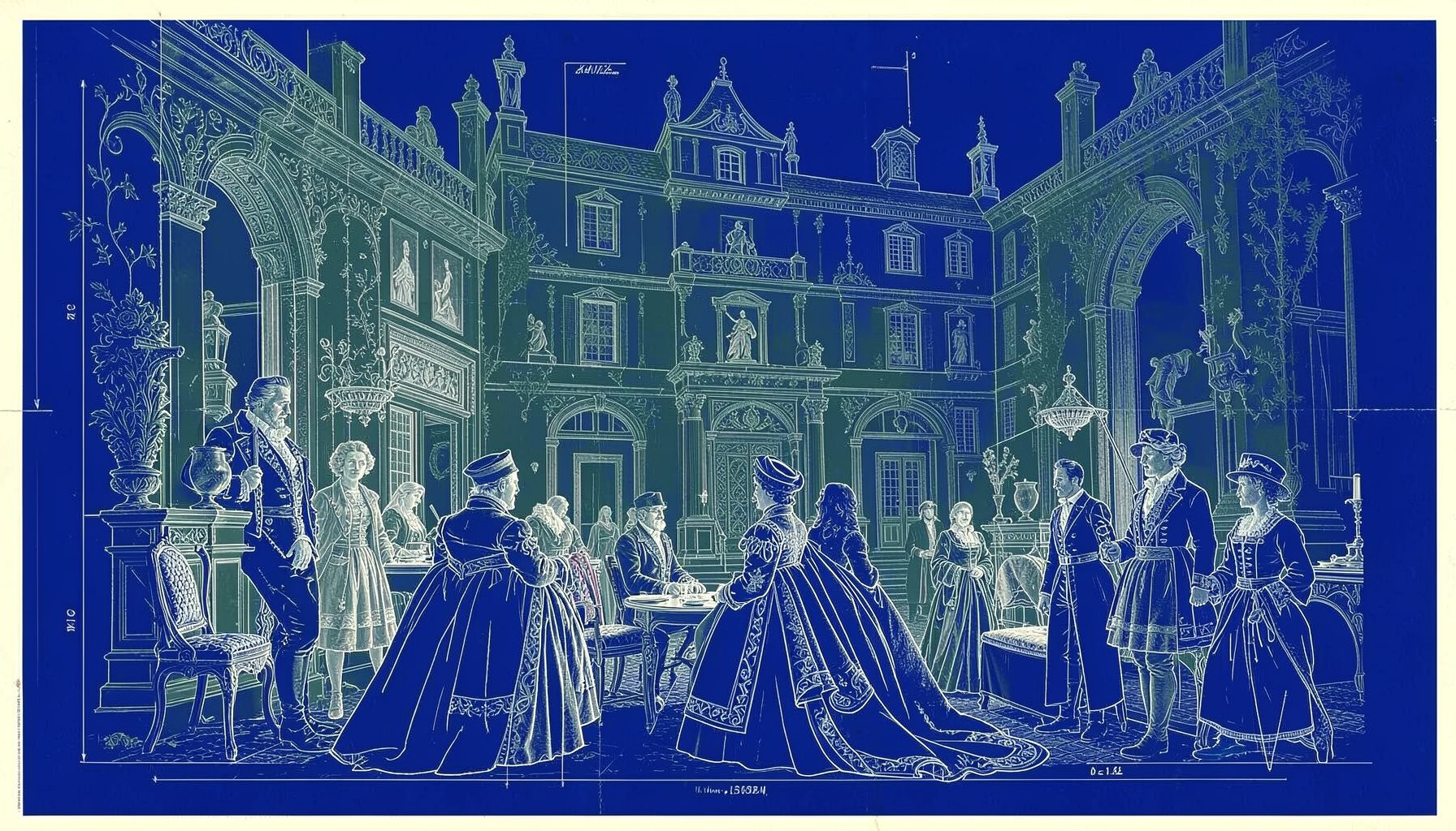 Scène d'époque aux tons sépia et vert sombre, personnages en tenue Régence dans un décor de manoir brumeux